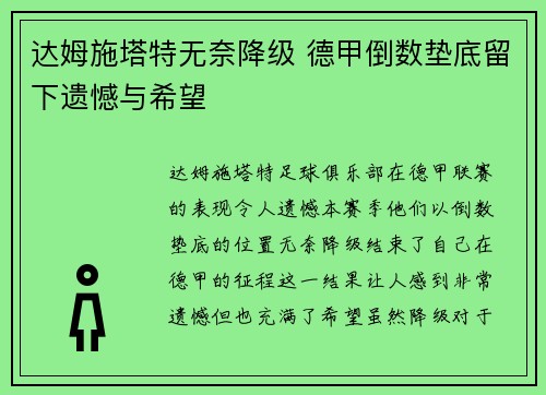 达姆施塔特无奈降级 德甲倒数垫底留下遗憾与希望