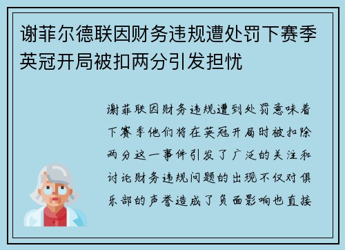 谢菲尔德联因财务违规遭处罚下赛季英冠开局被扣两分引发担忧