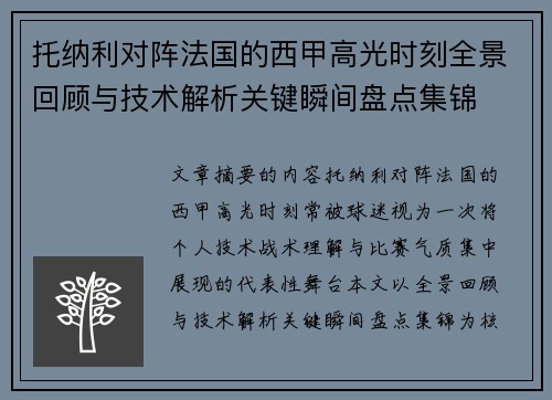 托纳利对阵法国的西甲高光时刻全景回顾与技术解析关键瞬间盘点集锦