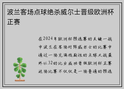 波兰客场点球绝杀威尔士晋级欧洲杯正赛
